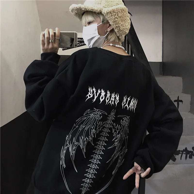 Sonbahar Punk Siyah Tişörtü Gotik Grunge Büyük Boy Hoodie