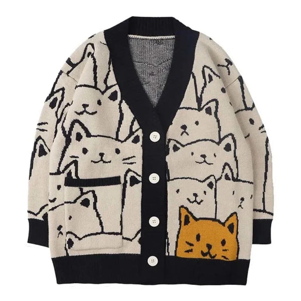 CARTOON CAT PRINT CARDIGAN