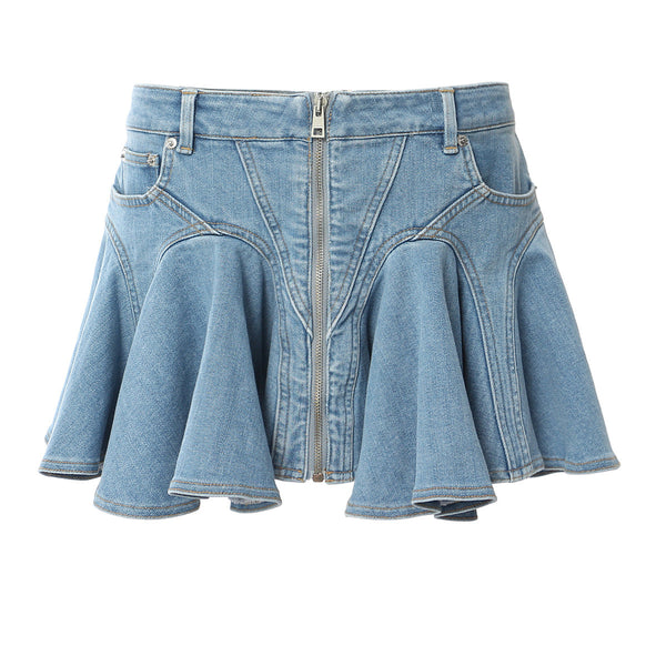 RuffleWave Denim Mini Etek