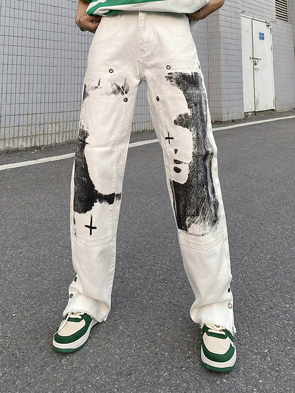 The Supermade Graffiti Print White Straight Jeans -1184