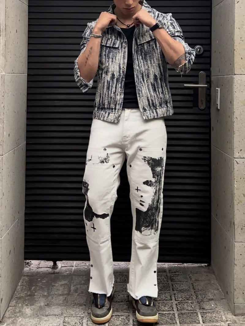 The Supermade Graffiti Print White Straight Jeans -1184